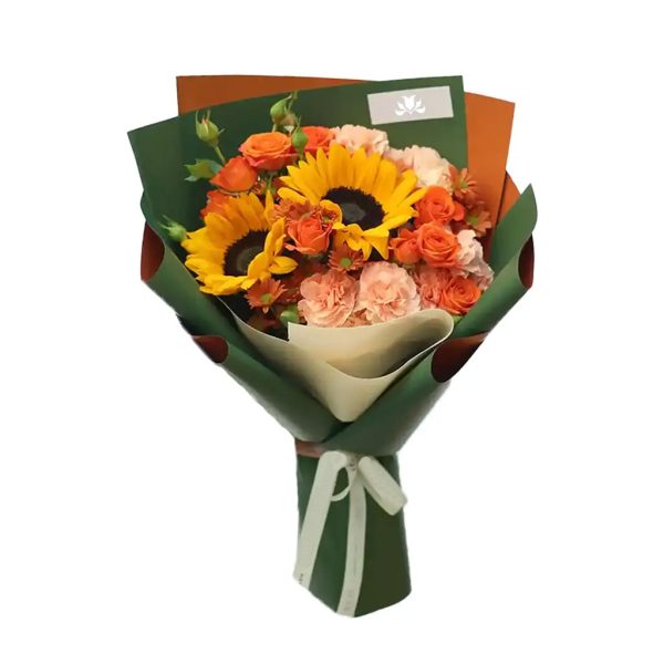 دسته‌گل آفتابگردان و رز نارنجی Golden Sunburst Bouquet No.5 | پلتفرم سبز | هایپرمارکت گل و گیاه